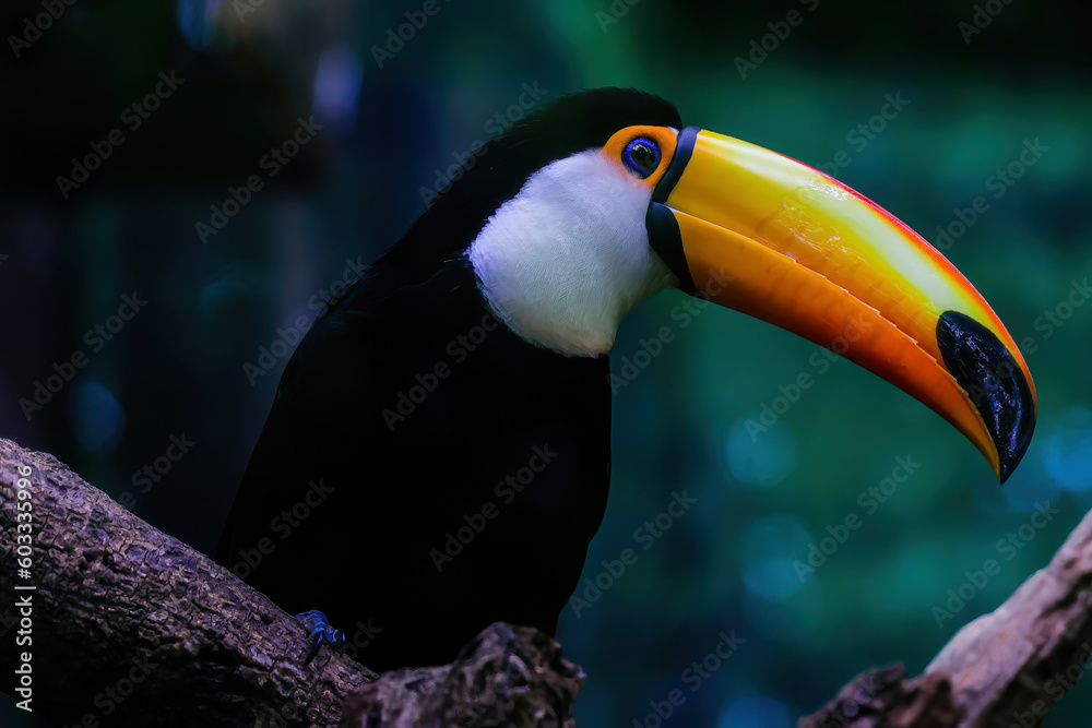 Fototapeta premium Toucan with black feather and orange bill on the branch of a tree. Exotic bird