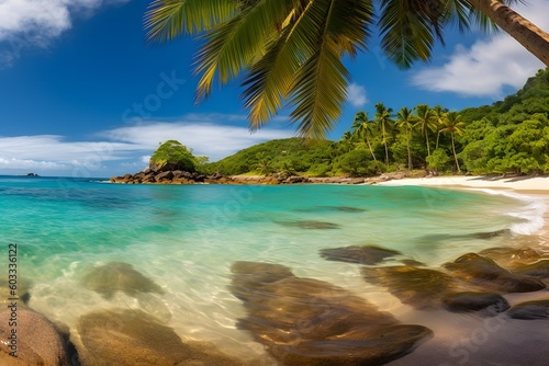 panoramic view of a sandy cove with palm trees and crystal clear water  tropical wallpaper  Generative AI