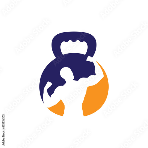 Gym power logo design idea with kettle bell and thunder symbol in negative space. Fitness and bodybuilding club logo template. Sport and recreation theme.