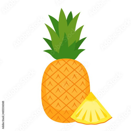 Pineapple whole fruit and slice isolated on white background. Summer tropical fruit flat icon. Organic food, healthy nutrition, vegetarian product. Vector illustration.