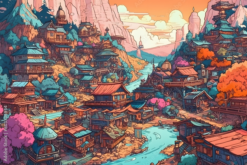 Fototapeta premium Illustration of a Serene Village at Day. Generative AI