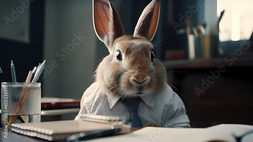The boss rabbit, a businessman wearing a shirt and tie, is working in his office. Generative AI.