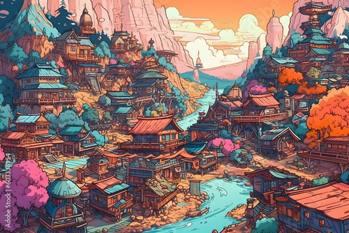 Illustration of a Serene Village at Day. Generative AI