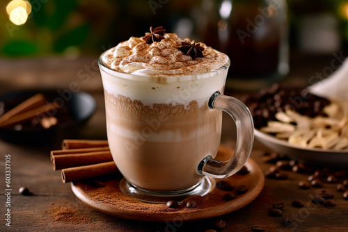 Latte macchiato in a clear glass mug, topped with a dusting of rich chocolate powder.