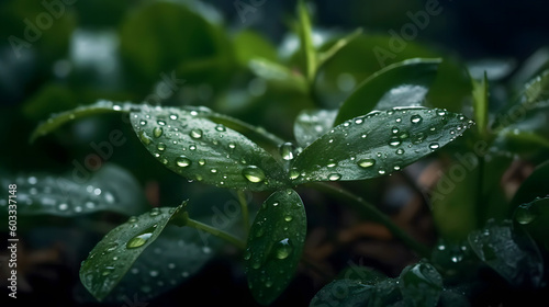 Water droplets on green leaves after rain. Selective focus. eautiful texture of leaves in nature. Natural background. 