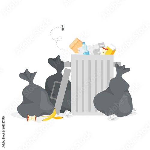 Garbage container with unsorted trash. Pile of wastes. Bags full of rubbish near the dust bin. Vector illustration in trendy flat style isolated on white background.