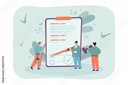 Tiny assistants signing legal document vector illustration. Cartoon drawing of people with big pens, rubber stamp for certificate or license form. Information, paperwork, business concept