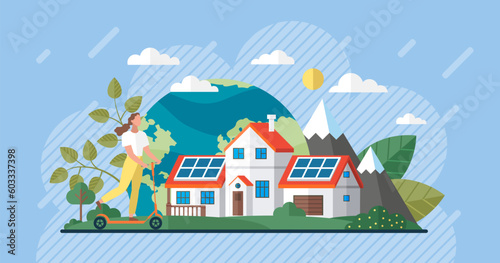 Renewable electric solar power plant station. Modern alternative eco green energy. Clean sustainable energy photovoltaic generation industry. Solar panels on house. Eco transport. Earth care. Green