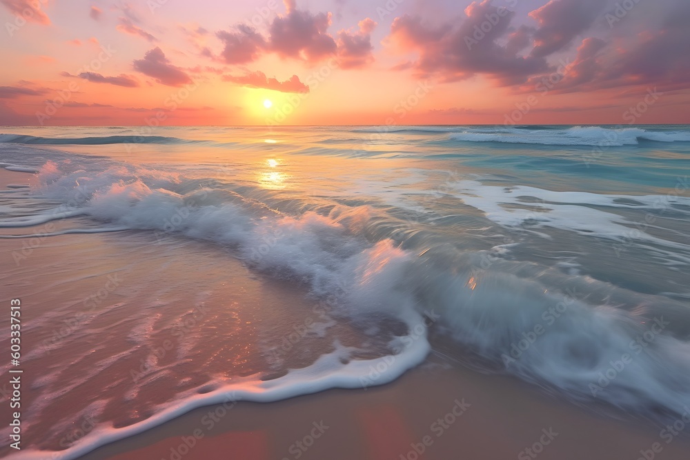 pastel-colored sunrise over the ocean, with gentle waves and a sandy beach in the foreground, Generative AI pastel-colored sunrise over the ocean, with gentle waves and a sandy beach in the foreground, Generative AI