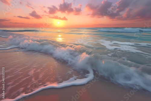 pastel-colored sunrise over the ocean, with gentle waves and a sandy beach in the foreground, Generative AI