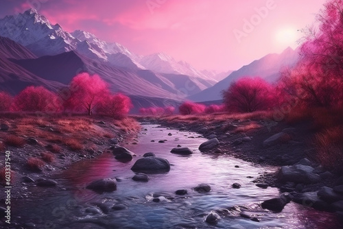 Mountain landscape with river and red trees in the foreground. 3d rendering ai