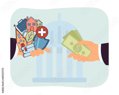 Hands exchanging money for education, health and security. Government funding schools, churches, hospitals vector illustration. Government spending or budget, finances, public sector concept
