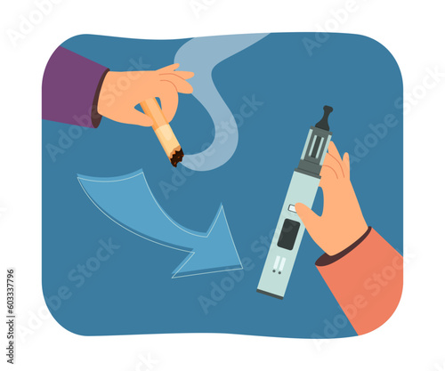 Hands holding cigarette and e-cigarette vector illustration. Person switching from regular smoking to vape or electronic smoking to kick habit. Smoke-free country, use of e-cigarettes concept