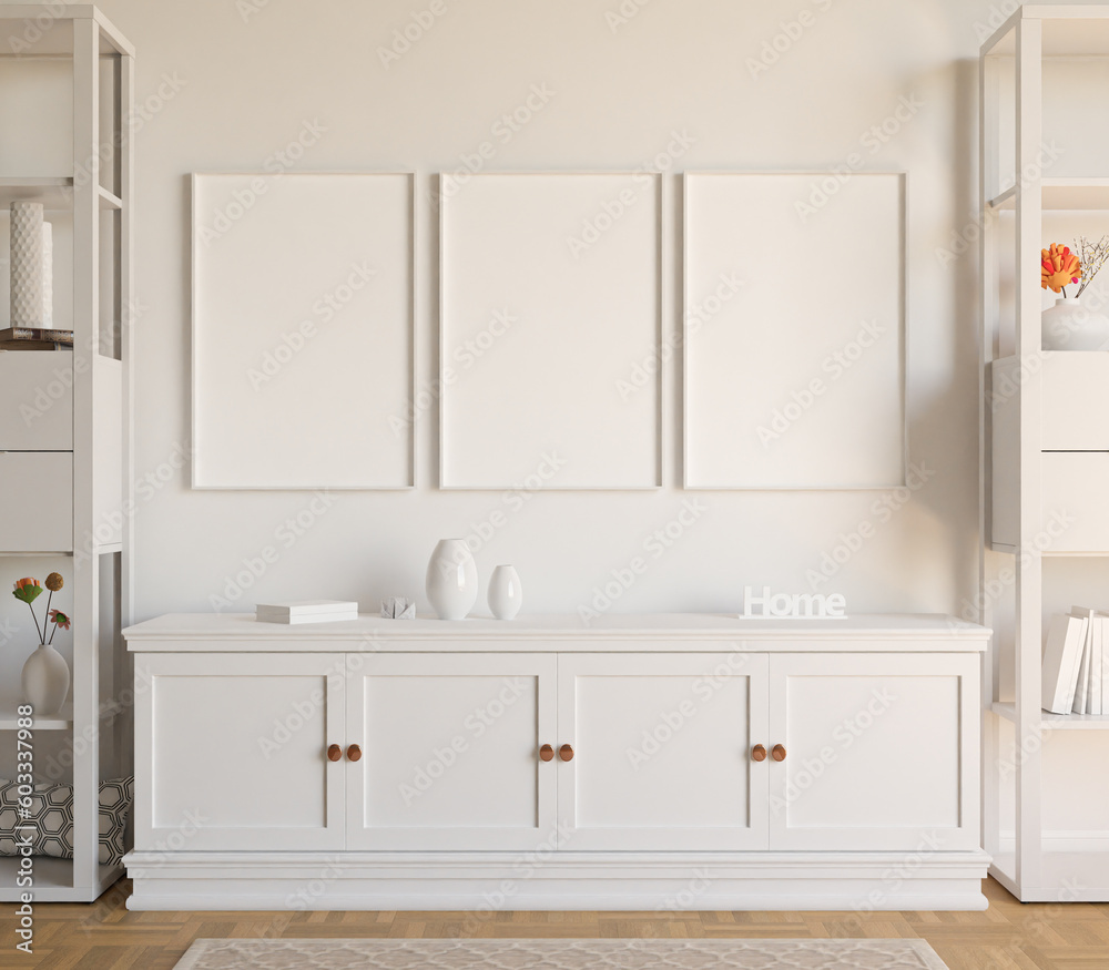 Set of 3 white frames. Realistic modern interior scene mockup. Vertical