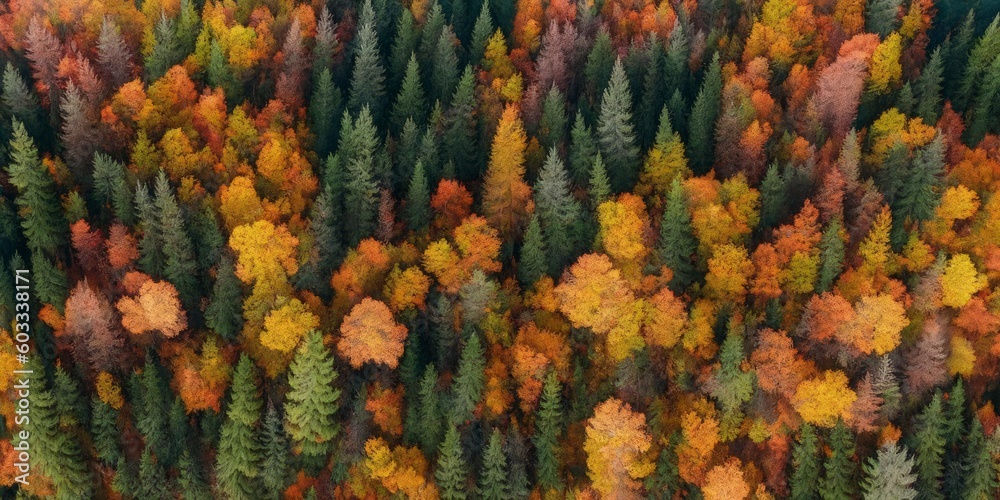 Aerial view of a mixed forest in autumn horizontal background. Generative AI