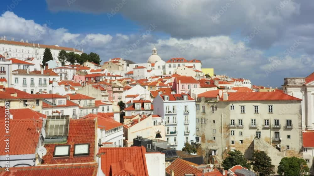 Aerial view of Lisbon downtown summer day, Portugal. Drone footage of the Lisbon old town skyline. Historical district Alfama at sunrise in capital city of Portugal. Historic buildings of Lisboa city Aerial view of Lisbon downtown summer day, Portugal. Drone footage of the Lisbon old town skyline. Historical district Alfama at sunrise in capital city of Portugal. Historic buildings of Lisboa city