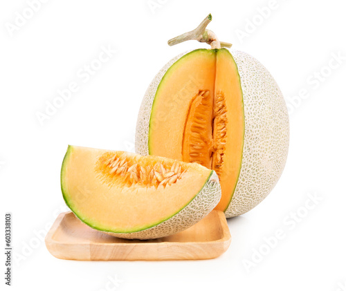 cantaloupe melon with seeds isolated on a white background