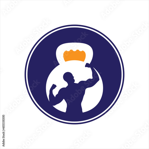 Gym power logo design idea with kettle bell and thunder symbol in negative space. Fitness and bodybuilding club logo template. Sport and recreation theme.