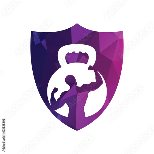 Gym power logo design idea with kettle bell and thunder symbol in negative space. Fitness and bodybuilding club logo template. Sport and recreation theme.