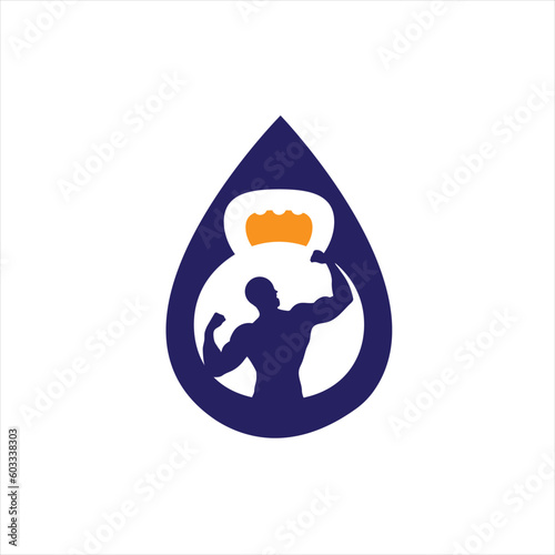 Gym power logo design idea with kettle bell and thunder symbol in negative space. Fitness and bodybuilding club logo template. Sport and recreation theme.
