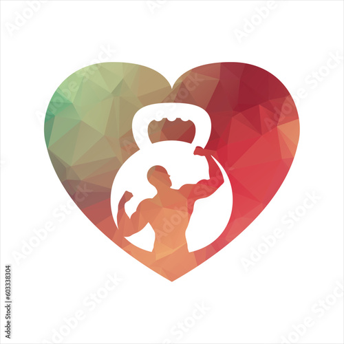 Gym power logo design idea with kettle bell and thunder symbol in negative space. Fitness and bodybuilding club logo template. Sport and recreation theme.