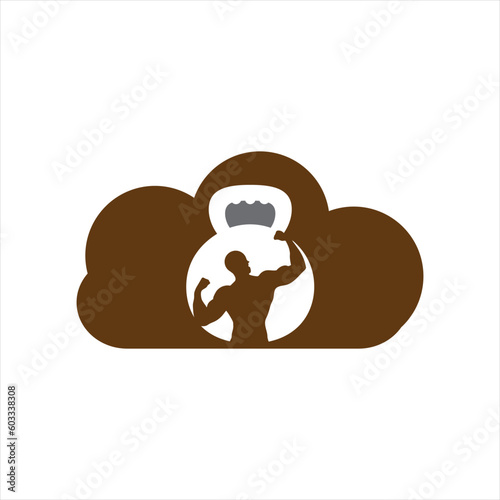 Gym power logo design idea with kettle bell and thunder symbol in negative space. Fitness and bodybuilding club logo template. Sport and recreation theme.