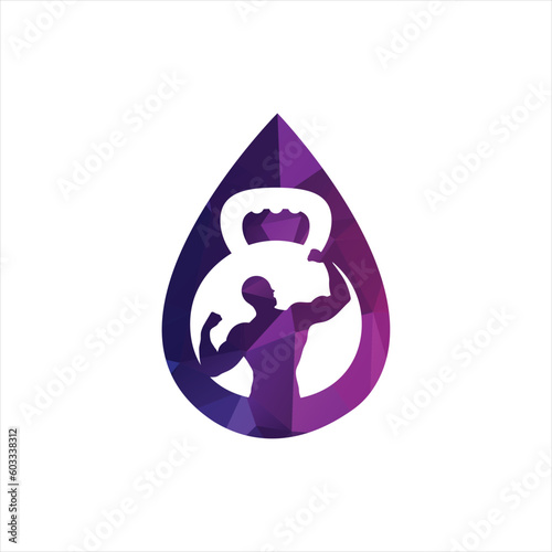 Gym power logo design idea with kettle bell and thunder symbol in negative space. Fitness and bodybuilding club logo template. Sport and recreation theme.