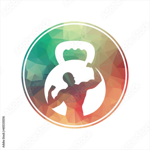 Gym power logo design idea with kettle bell and thunder symbol in negative space. Fitness and bodybuilding club logo template. Sport and recreation theme.