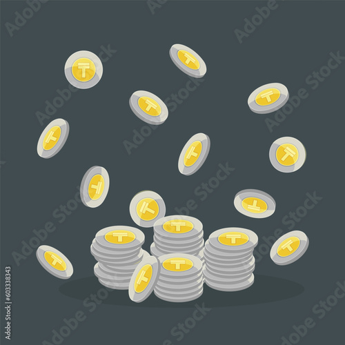 Kazakh Tenge falling down vector illustration. Pile of money with flying coins on gray background. Financial analytics, financial management, deposit, accumulation and inheritance concept