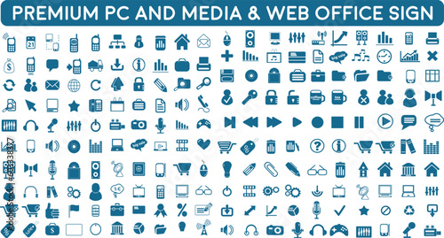 set of icons | premium Media service and PC Related icon pack with addition flat web office signs | 200+ icon pack