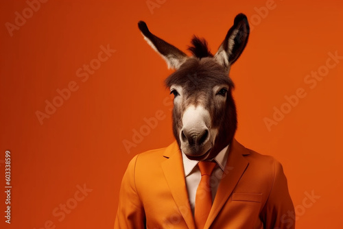 Donkey in orange suit and tie on orange background. business and fashion concept generative ai