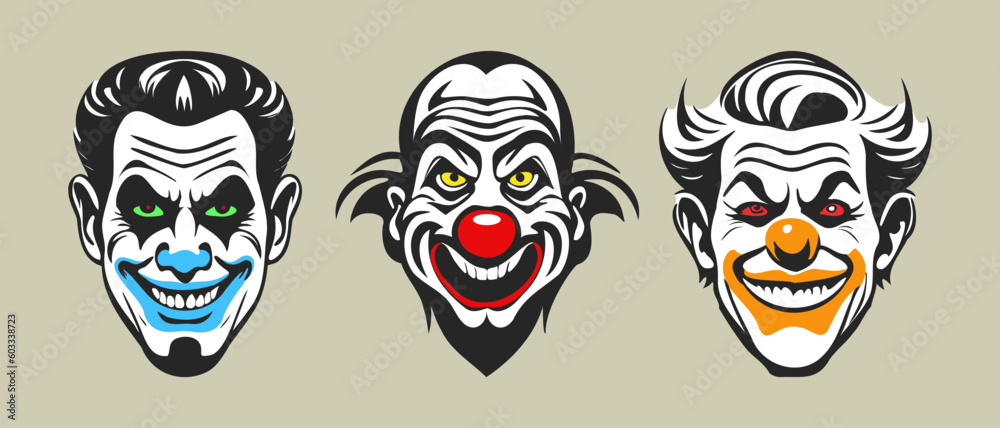 Vector set of graphic sinister laughing scary red-nosed clown heads. Stickers, icons or badges. Light isolated background.