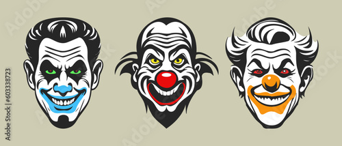 Vector set of graphic sinister laughing scary red-nosed clown heads. Stickers, icons or badges. Light isolated background.