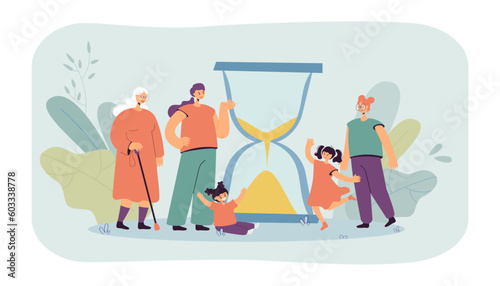 Happy women of different age vector illustration. Little girls running around while young, mature woman and senior lady standing at hourglass. Age, descent between generations, adolescence concept