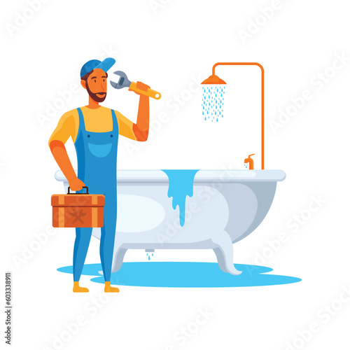 A man with a tool in his hand stands in front of a tub and holds a wrench