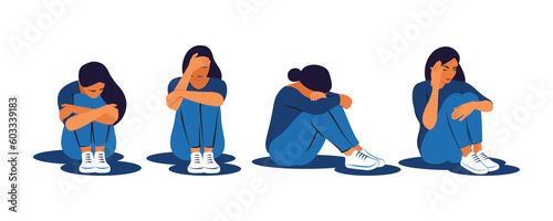 Women with mental health problems. Sad women in despair. Depression signs and symptom. Stress and loneliness. Vector illustration.