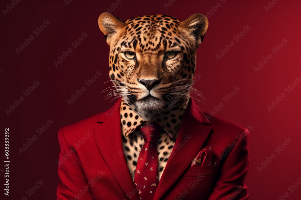 Leopard in a red suit and bow tie. Studio shot. business and fashion concept generative ai