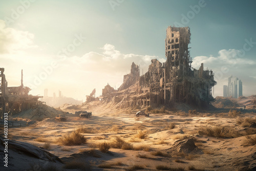 Ruins of an abandoned factory in the desert. 3d rendering generative ai