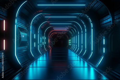 Futuristic scifi tunnel corridor with glowing lights 3D rendering generative ai