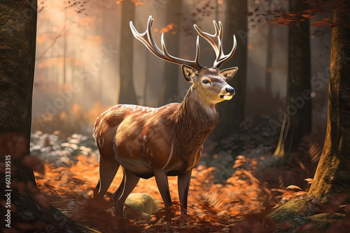 Image of A deer with beautiful horns standing in the forest on natural background. Wild Animals. illustration. Generative AI.