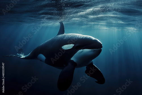 Image of orca or killer whale swimming under the sea. underwater animals. illustration, generative AI. © yod67