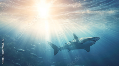 sharks swimming underwater between the ocean floor and  water surface, underwater paradise and coral reef wildlife nature, a tropical fish on a coral reef, shark swimming in ocean ,Generative AI   © ruslee