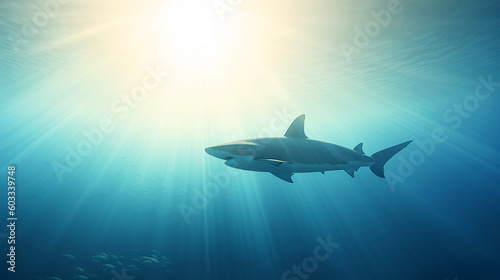 sharks swimming underwater between the ocean floor and  water surface, underwater paradise and coral reef wildlife nature,
a tropical fish on a coral reef, shark swimming in ocean ,Generative AI 
