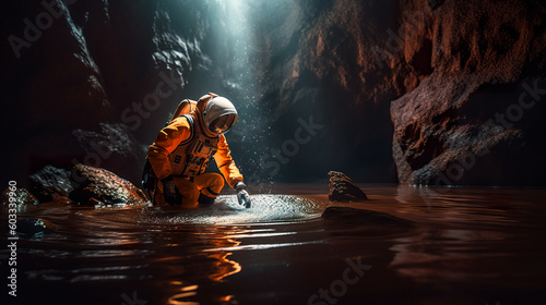 A space astronaut discovering water on planet Mars, generative AI