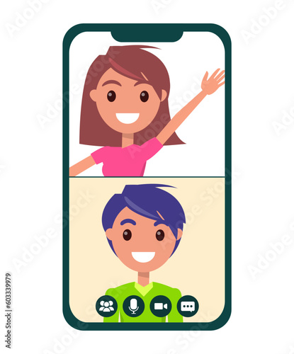Boy and girl using smartphone talking with friends during video meeting. Remote comunication, virtual distance chatting, internet video call. Program for virtual intercommunication, teamwork