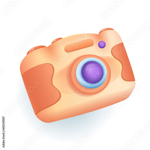 Orange camera for taking photos 3D illustration. Cartoon drawing of tool or equipment of photographer in 3D style on white background. Technology, entertainment, photography concept