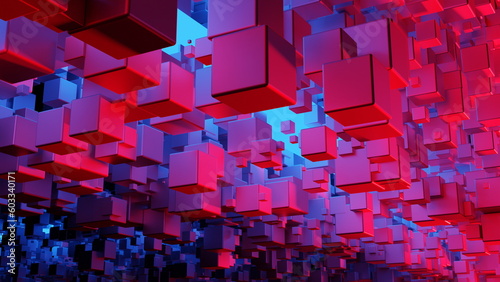 Illuminated cubes with blue red light on a platform on a black background. A lot of cubes with reflective walls. 3d render