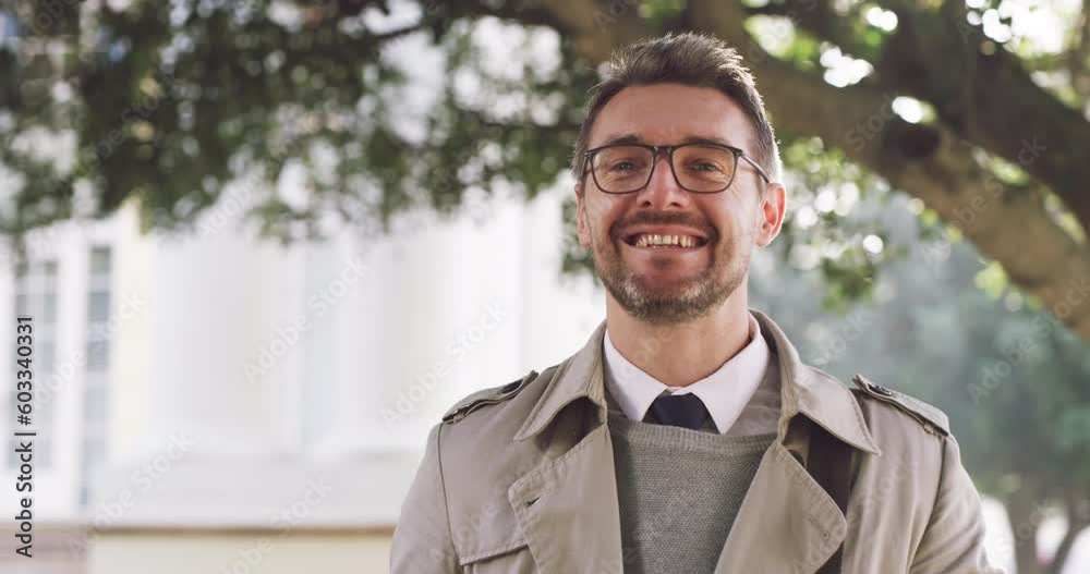 Face, funny and happy with a business man in the city during summer on his morning commute to work. Portrait, comedy and smile with a mature male employee laughing alone outdoor in an urban town Face, funny and happy with a business man in the city during summer on his morning commute to work. Portrait, comedy and smile with a mature male employee laughing alone outdoor in an urban town