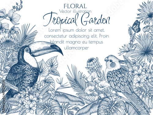 Vector illustration of a bird in a tropical garden. Toucan, corella parrot, anthurium, palm and banana leaves, liviston, plumeria, zantedeschia, monstera, strelitzia, orchid, ptorea, butterflies