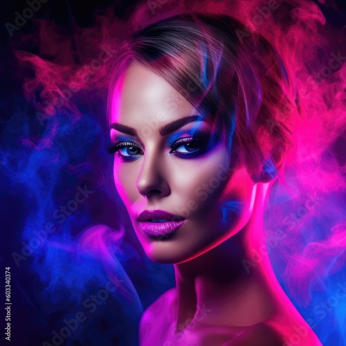 Glamorous woman with languid expression in vibrant colors neon lighting. Generative AI